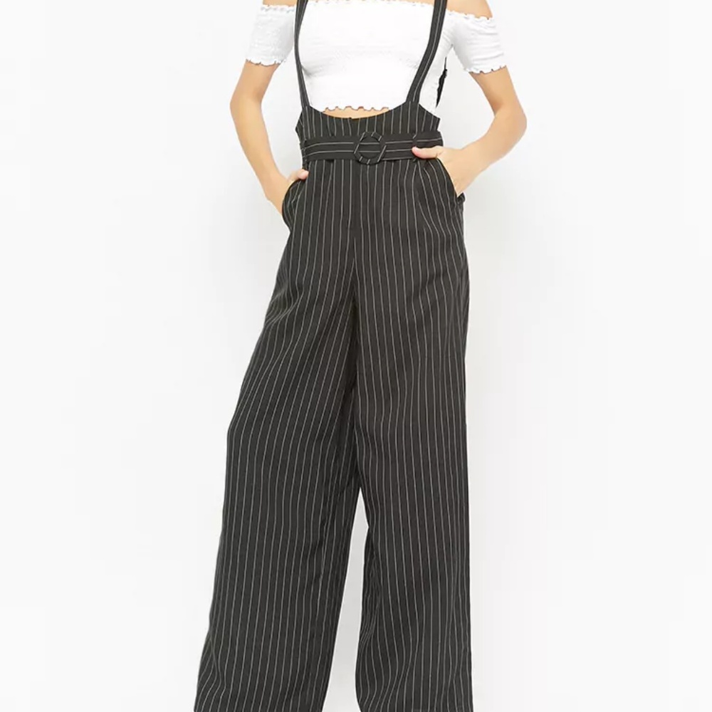 Pinstriped Wide-leg Suspender Jumpsuit